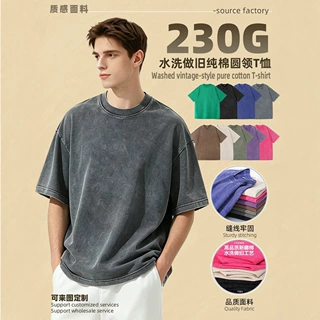 跨境欧美230G美式潮牌水洗做旧纯棉短袖男宽松T恤批发定制印LOGO