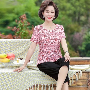 Cross-border Foreign Trade 2025 Summer New Ice Silk Printed T-shirt Loose Top plus size Women's Mother's Base Shirt