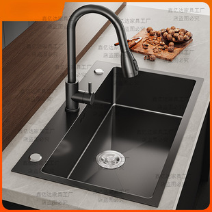 Kitchen stainless steel large single tank manual thickened black nano sink antibacterial oil-free cold and hot water vegetable sink set
