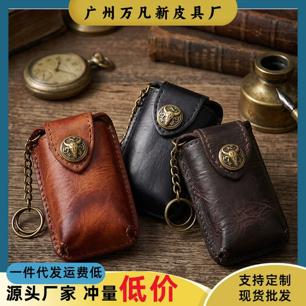 New Style Handmade Color-Washed First-Layer Vegetable-Tanned Cowhide Key Case, Car Key Holder, Genuine Leather Document Holder, Card Holder for Men and Women