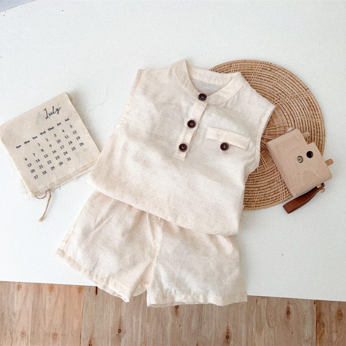 2025 ropa para niños coreanos traje original de algodón y lino estilo de verano para bebés y niños pequeños estilo fino agradable para la piel traje de dos piezas sin mangas de 1 a 3 años