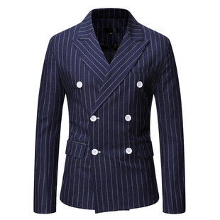 2025 Cross-Border European Size Spring and Autumn Striped Suit Jacket Men's Business Double-Breasted Single Suit Jacket Groomsmen Suit