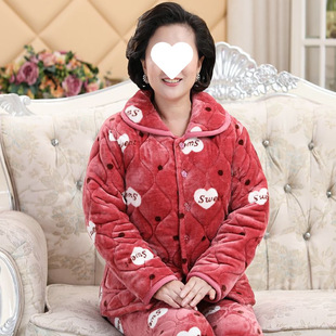 Autumn and winter middle-aged and elderly people wear three-layer winter padded pajamas mother padded pajamas home clothes suit