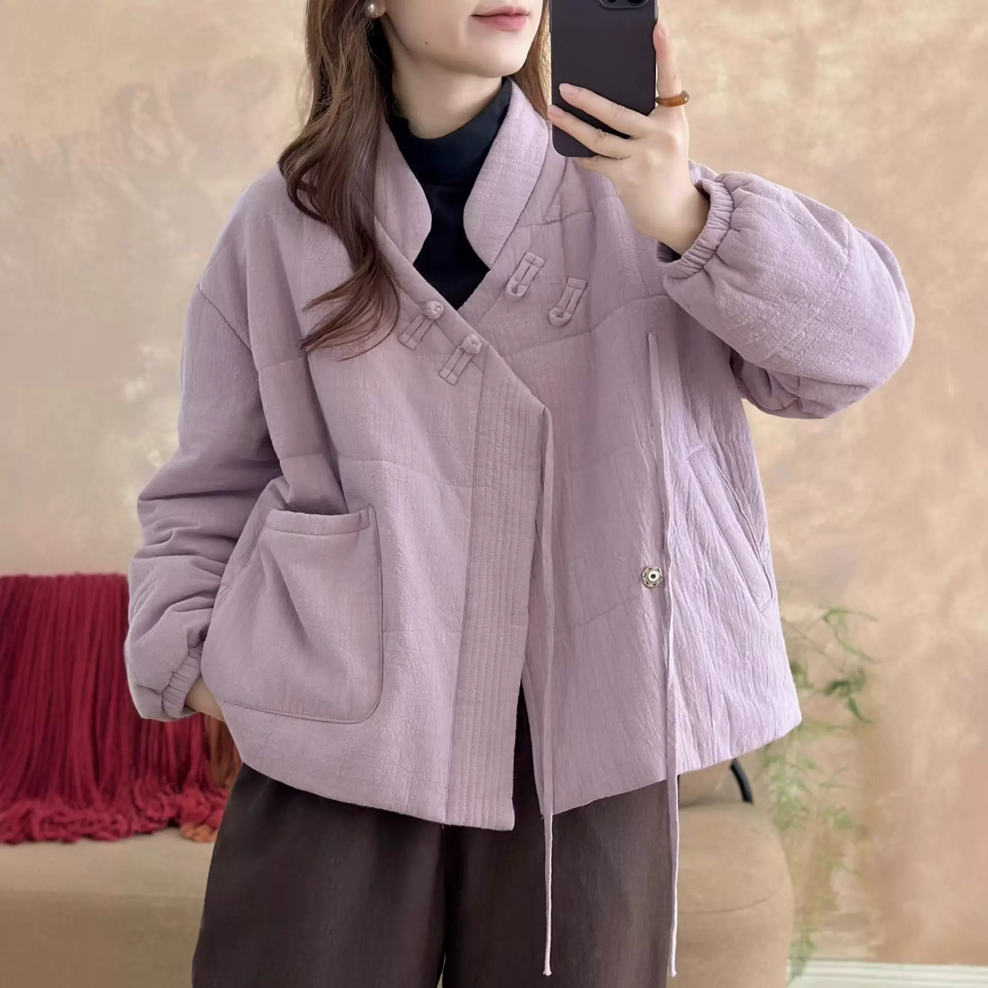 中国风盘扣绗棉外套秋冬宽松版不对称针斜襟复古盘扣系带禅意棉服