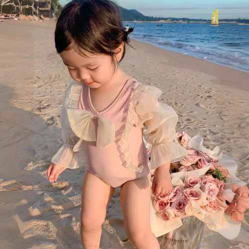 New Girl's Baby Pink Lace Sunscreen Long-Sleeve One-Piece Swimsuit for Girls Vacation Fashion Swimwear