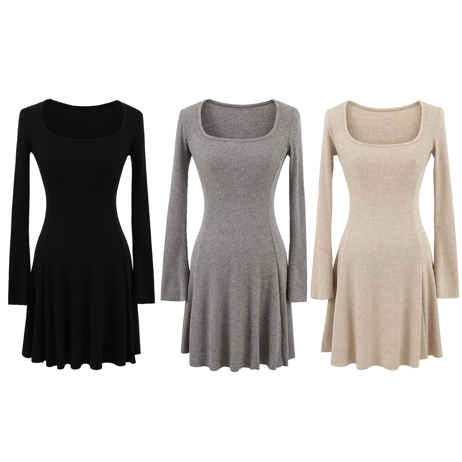 ​​Flared Sleeve Mock Neck Knit Dress – Slim Waist A-Line Mini/Midi Dress (Black/Grey/Khaki, S-L)​​_ecoleips.com