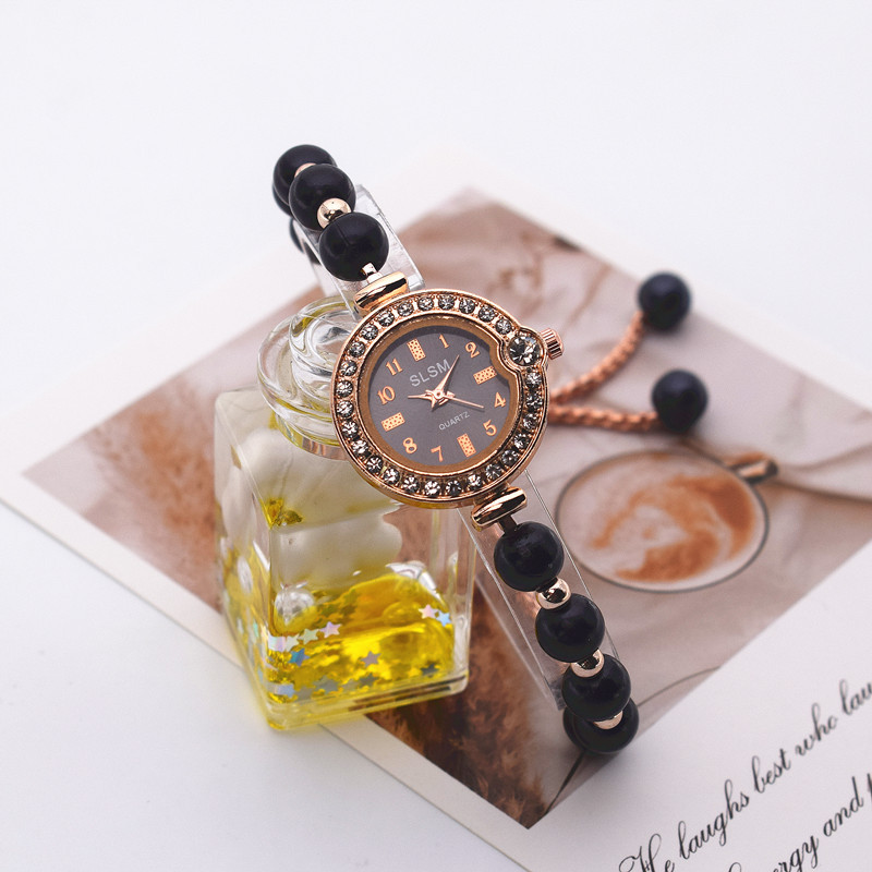 爆款镶钻数字刻度面表盘珍珠可调节抽绳手链手表时尚轻奢气质百搭