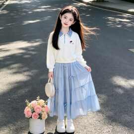 女童秋季套装2026新款中大童女孩洋气短长袖上衣蝴蝶结半身裙两件