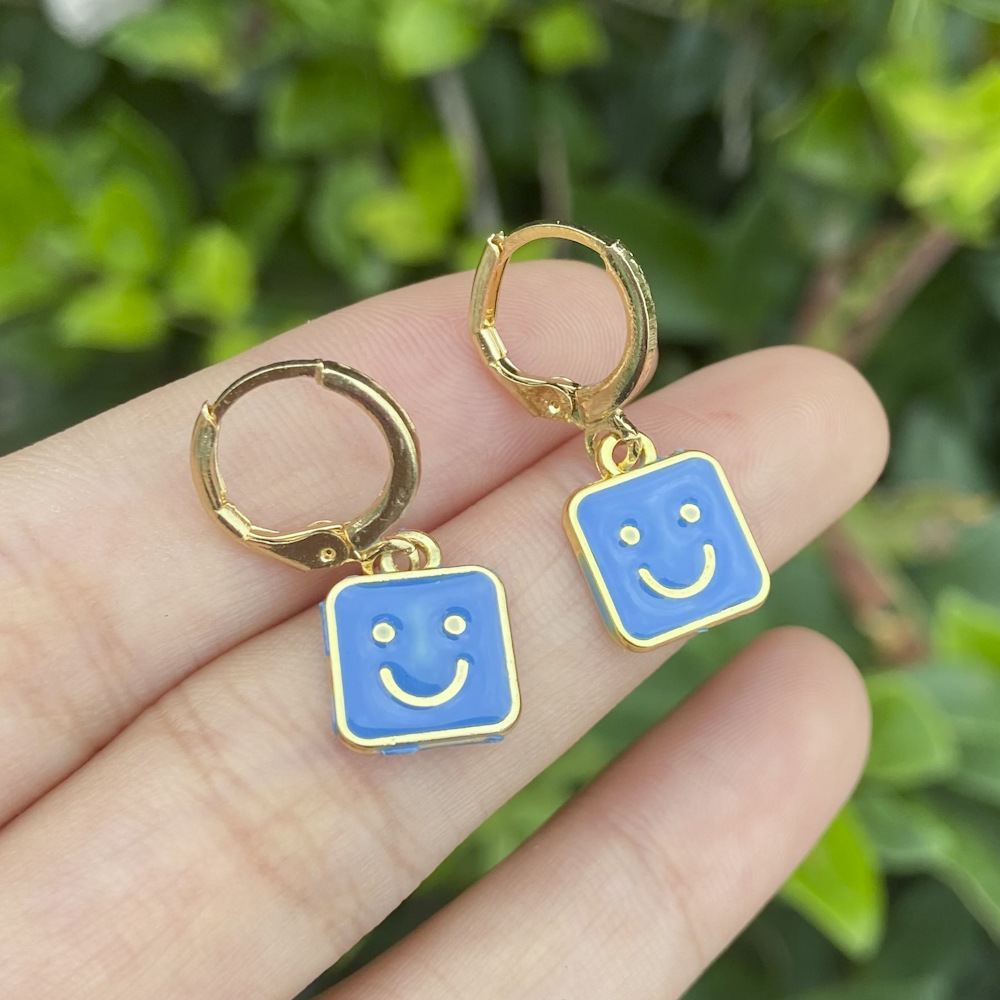 New Creative Drop Oil Square Earrings Personality Small Cartoon Square Smiley Face Earrings display picture 2