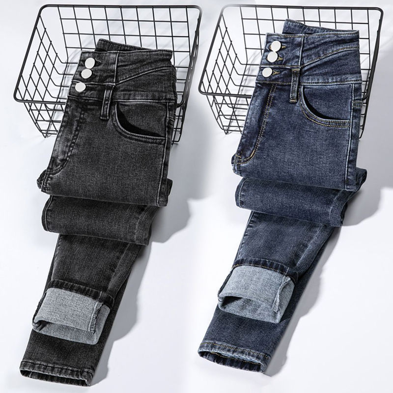 Single-breasted high-waist jeans women's elastic slim-fit all-match autumn and winter nine-point boots tight-fitting small-leg pencil pants