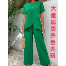 现货亚马逊2025夏欧美女装两件套短袖套头圆领宽松休闲不规则套装