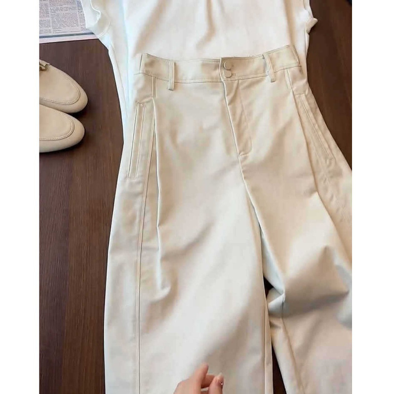 Strong goods are awesome! creamy-white texture cropped casual pants comfortable breathable high waist slimming balloon pants women