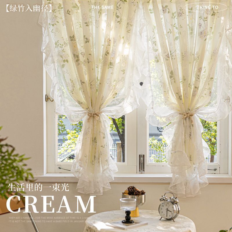 American Pastoral Print Double-Layer Gauze Curtain Integrated French Cream Style Curtain Bedroom Bay Window Half Curtain Mesh Floral