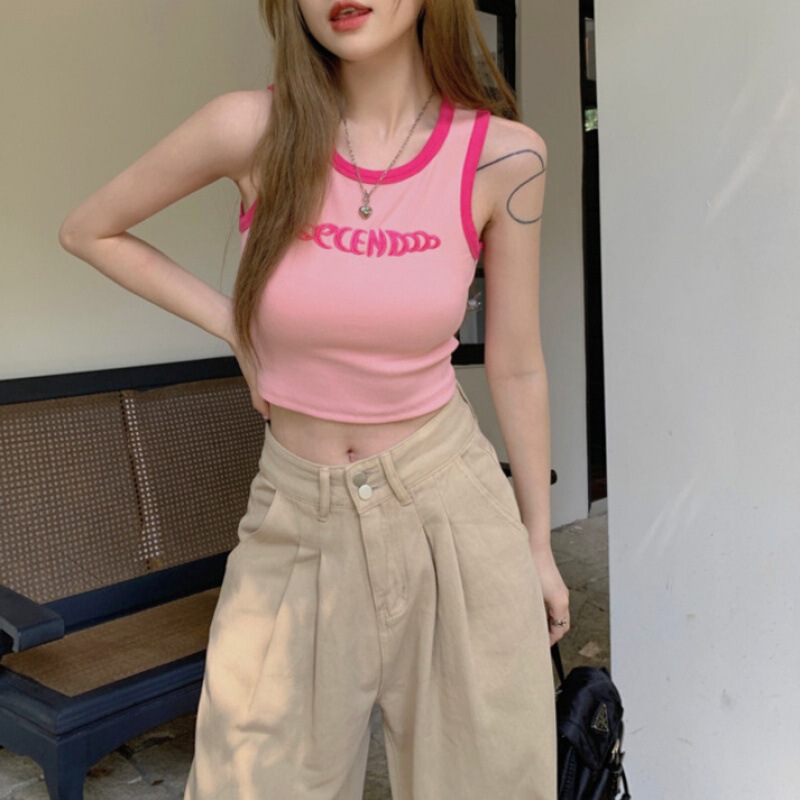 Dopamine Small Vest Hot Girl American Letter Outer Wear Inner Contrast Color Edge Slim-Fit Short Sleeveless Thin Vest