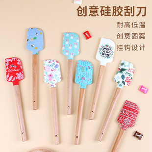 Wooden Handle Cake Scraper Silicone Cream Spatula Creative Pattern Flour Mixing Shovel Butter Scraper Baking Gadget