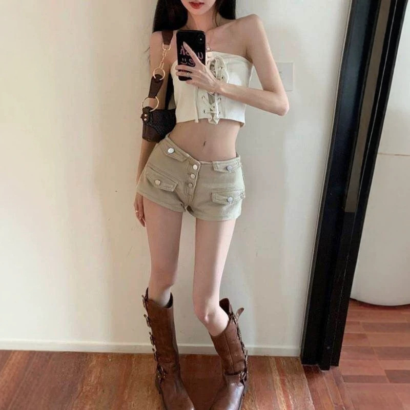 D603 # [Non-Real Shot] Retro Workwear Denim Shorts for Women, Petite Size, Low-Waist, Slimming, Straight-Leg, Wide-Leg Hot Pants.
