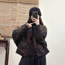 2025秋冬新款复古做旧印花短棉麻正反面两穿休闲V领保暖棉服款女