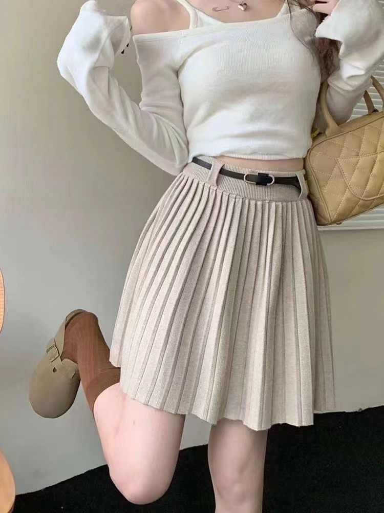 Abbigliamento donna Gonna plissettata vita alta linea a cintura stile gonna elastica sottile gonna corta lavorata a maglia_voghion.com