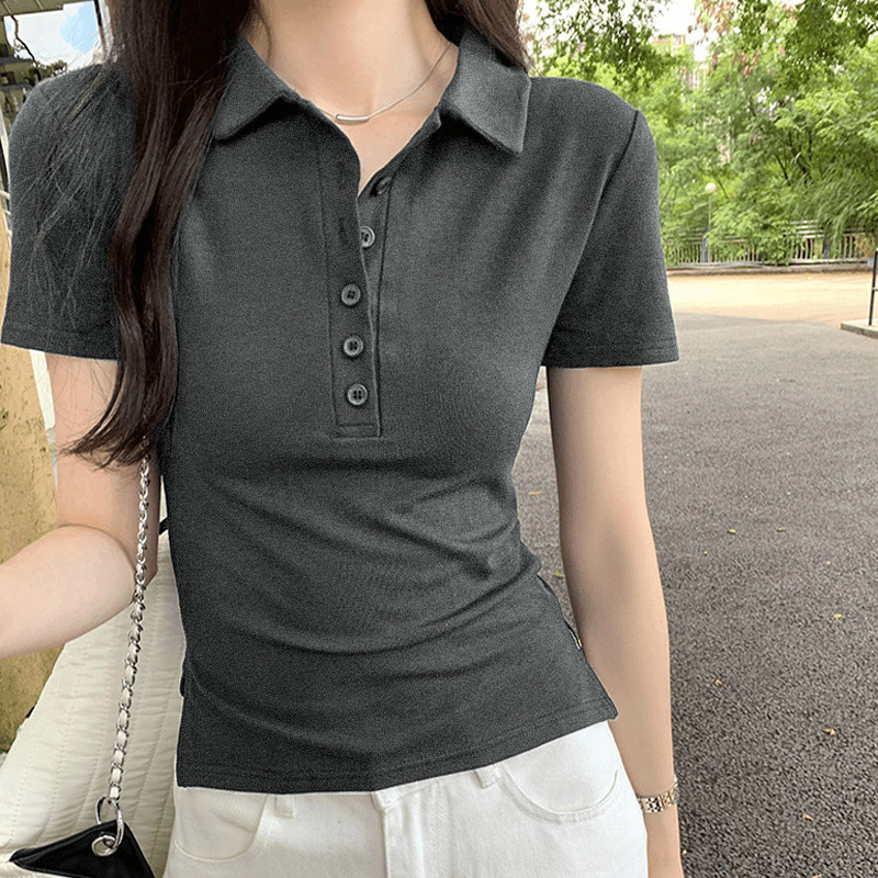 Dai Jia Wen Polo Shirt T-Shirt for Women, New Summer Style, Elegant Slim Fit, Waist-Cinching, Slimming, Commuting, Regular Shoulder, Short Sleeve, Buttoned Polo