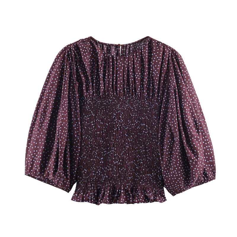 Zg Foreign Trade European and American Style Women's Fashion Niche Slim-Fit Polka Dot Balloon Sleeve Pleated Shirt 2255101