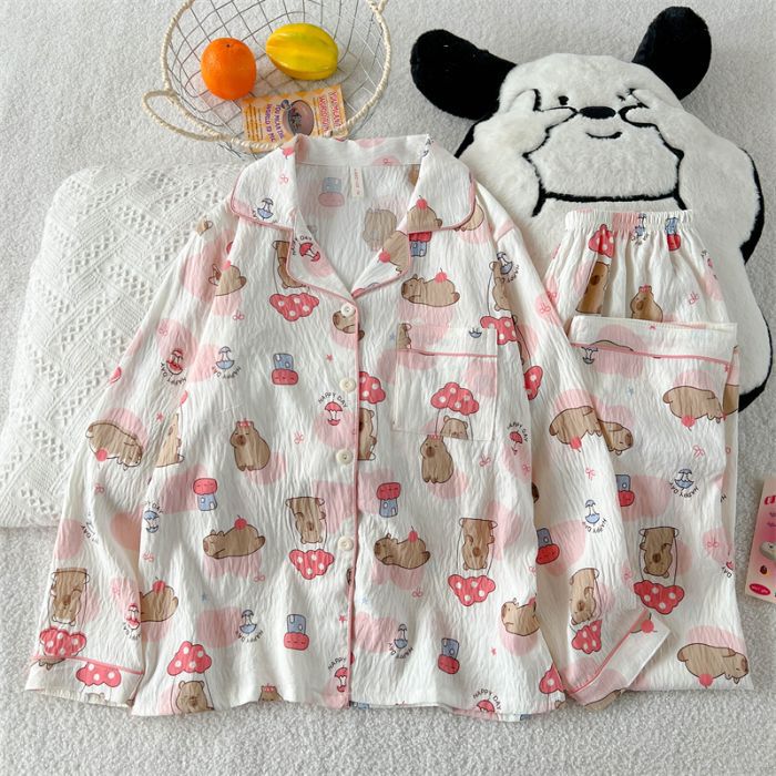 Al por mayor transfronterizo primavera y otoño nuevo pijama de mujer nubes de algodón con solapa cardigan de manga larga pantalones dulces set de ropa para el hogar