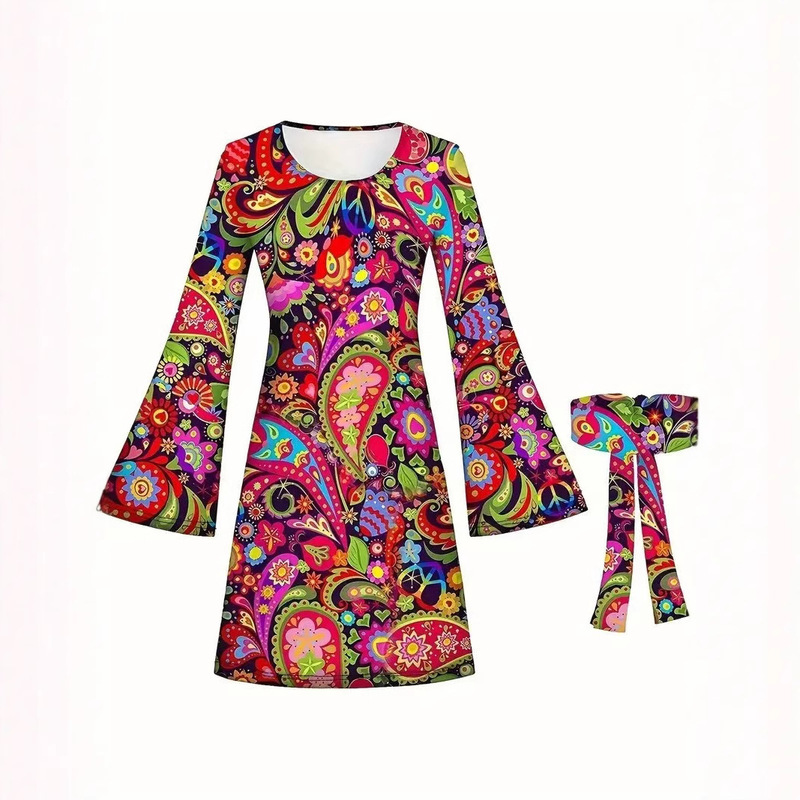 Amazon Halloween 2025 Cross-Border European and American Clothing 1970S Hippie Clothing Printed Dress for Women