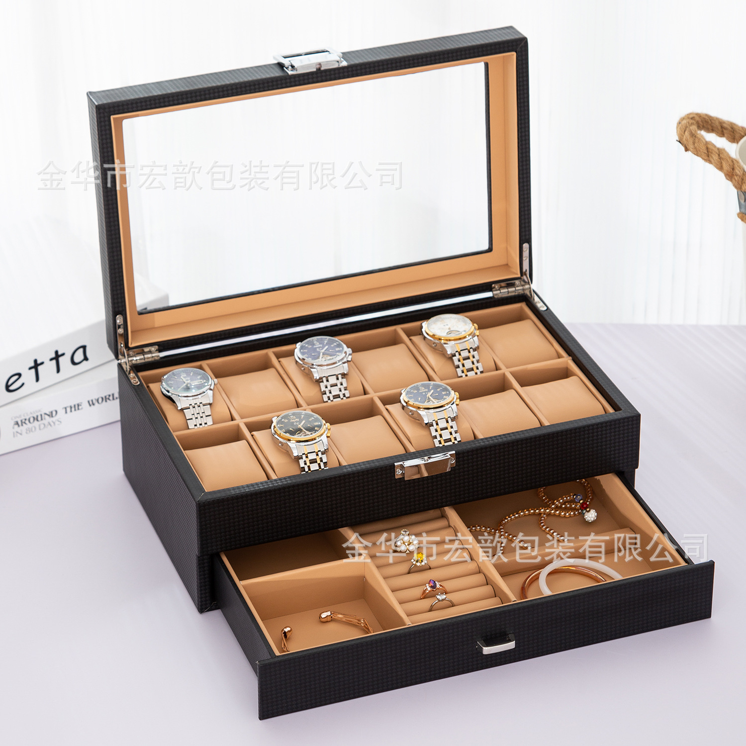 En stock al por mayor de fibra de carbono multi-epítopos caja de reloj gafas de reloj caja de joyería de almacenamiento Pantalla Reloj caja de embalaje