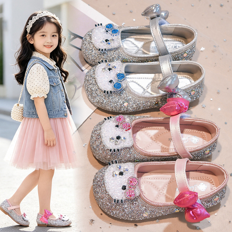 3-6 year old girls' rhinestone princess shoes, spring and autumn style, bowknot cartoon soft-soled single shoes, little girls' performance crystal shoes