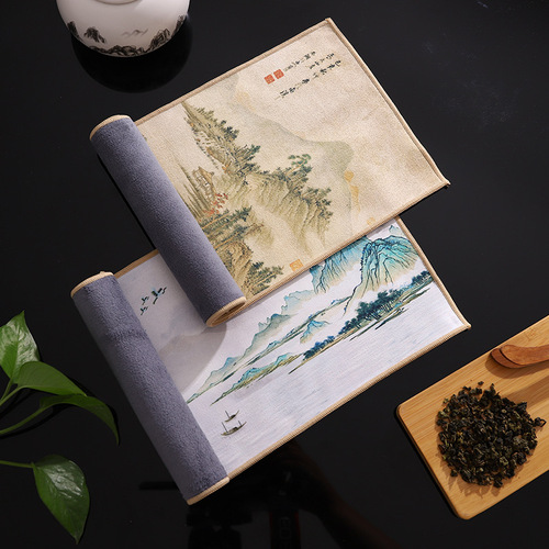 Factory wholesale deer skin velvet tea towel bag kettle towel ancient style thickened printed painted tea cloth water absorption no shedding tea pad 