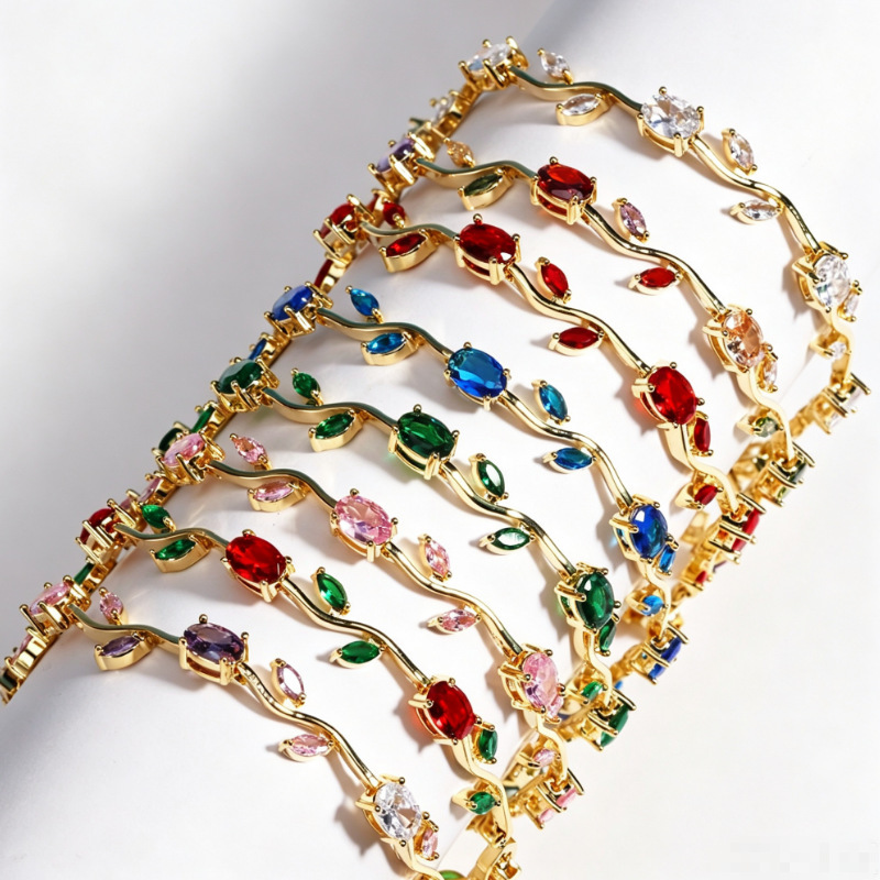 Cross-Border Hot-Selling Luxury Style Quality Jewelry with Colorful Zircon Branches, Fashionable Ins-Style Light Luxury Full Diamond Bracelet
