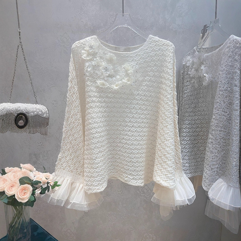 In Stock! Knitted Knitwear for Women 2025 Spring New Stereo Flower Lace Bell Sleeve Cut Out Loose Pullover