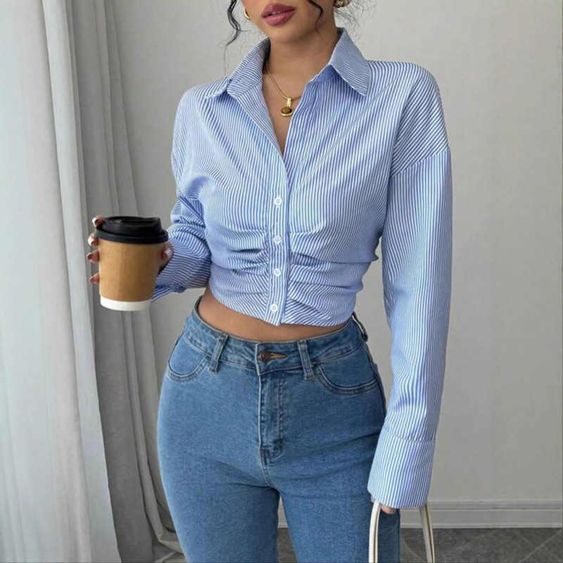 Spot Cross-Border Amazon One-Piece Women's Casual Striped Short Pleated Long-Sleeved Shirt Spot Cross-Border Amazon One-Piece Women's Casual Striped Short Pleated Long-Sleeved Shirt