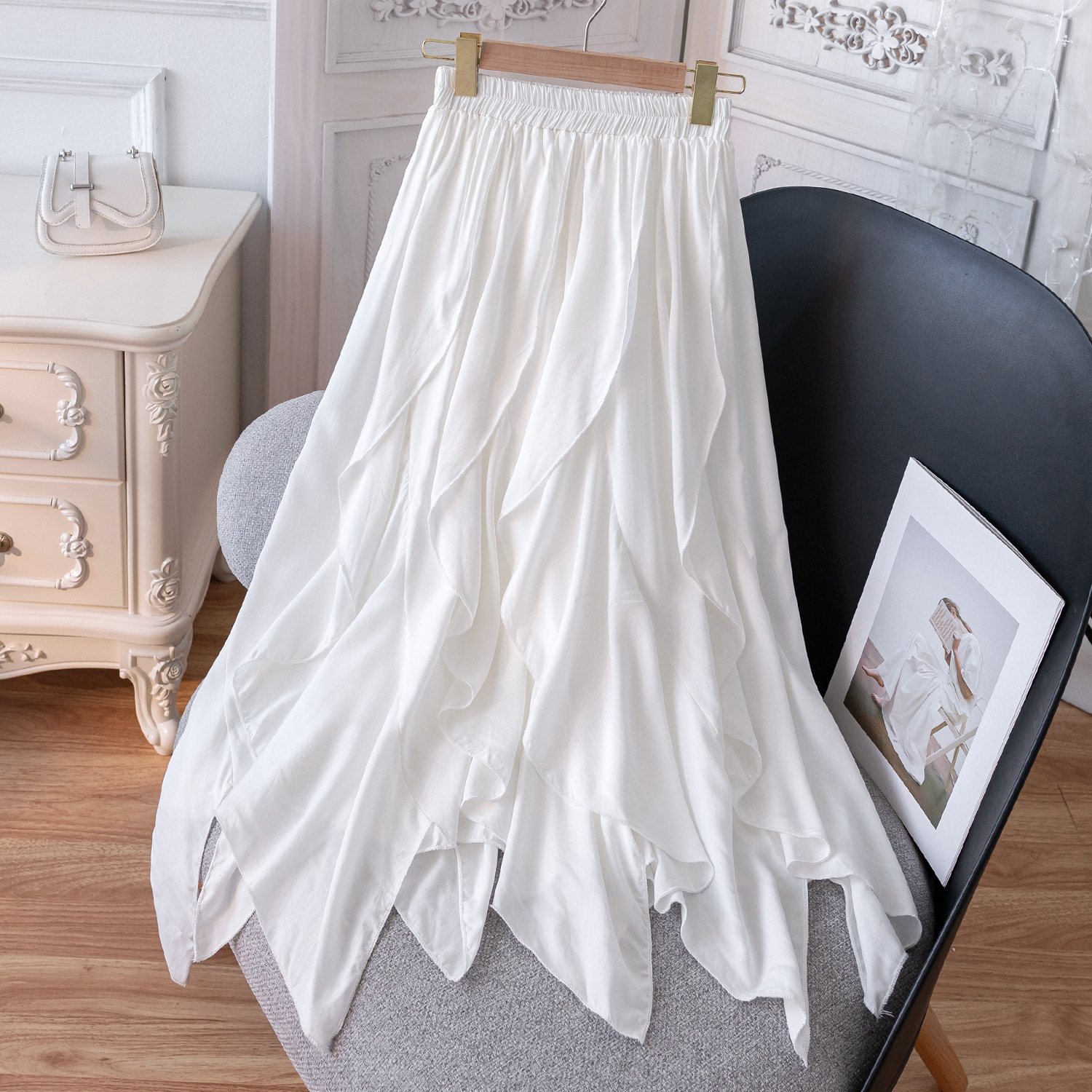 French Design Niche White Skirt Women's Summer High Waist Irregular Ruffled Drooping A- Line Long Skirt
