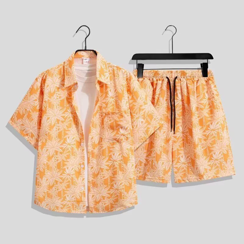 Мужской костюм из рубашки и шорт с тайским цветочным принтом, гавайская пляжная рубашка с коротким рукавом, парная одежда, новинка лета 2025 года, летняя куртка
