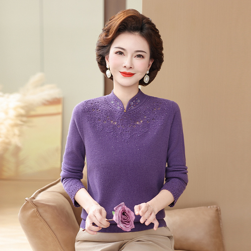 100%纯羊毛妈妈装秋冬毛衣旗袍领打底衫洋气中老年女气质上衣高贵|undefined