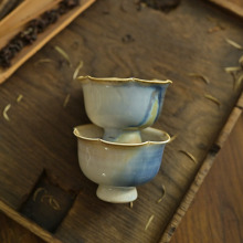景德镇手工拉坯花口高足陶瓷茶杯水墨蓝原矿高温窑变釉功夫小茶杯