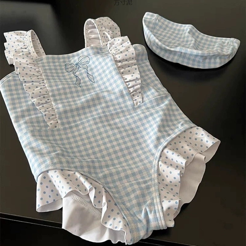 Корейский цельный купальник для девочек 2025 новый иностранный дух женское сокровище летнее кружево синяя сетка детская цельный купальник