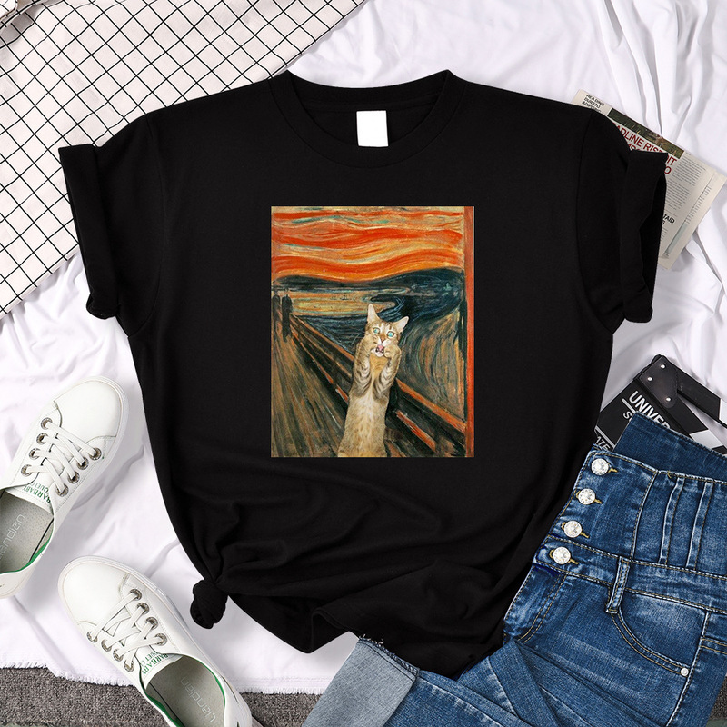 Foreign trade new European and American 2024 surprise cat oil painting printed women's retro T-shirt