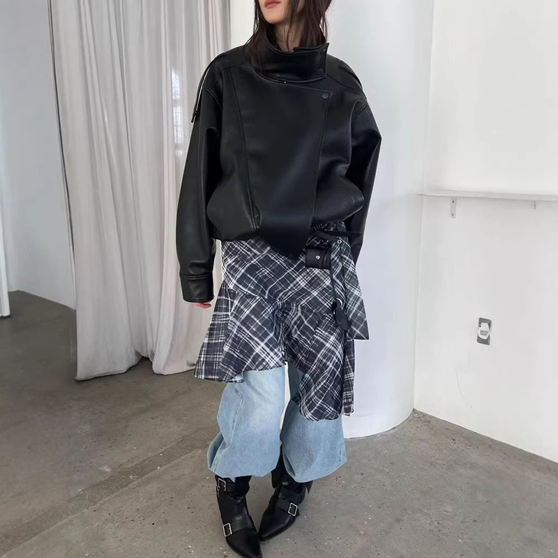 Now H Retro Stand-Up Collar Large Lapel Pebbled Pattern Snap Button Leather Jacket 2026 Spring Women's Loose Casual Jacket Now H Retro Stand-Up Collar Large Lapel Pebbled Pattern Snap Button Leather Jacket 2026 Spring Women's Loose Casual Jacket