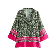 批发外贸2023秋季新款复古印花长袖衬衫上衣高腰及踝裤套装女8073