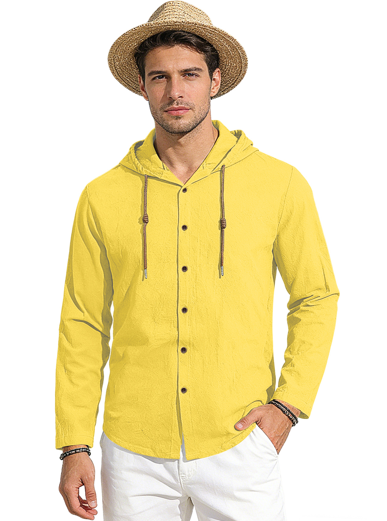 Transfronterizo Amazon nuevo estilo de primavera y verano hombre encapuchado camiseta suelta de algodón puro transpirable camisa casual de manga larga