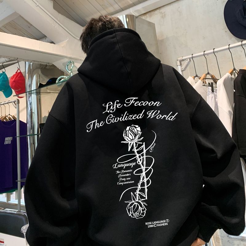 Primavera y otoño vino rojo americano retro Rosa impresión suéter con capucha niños Otoño e Invierno Polar-forrado moda marca abrigo pesado