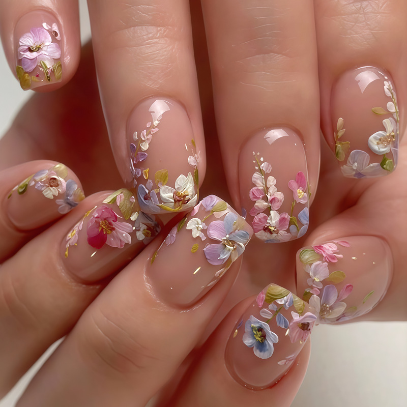 24 Pieces of Short Square Floral Spring and Summer Nail Tips with Colorful Flowers for Women, Press-On Wearable Removable Nail Art