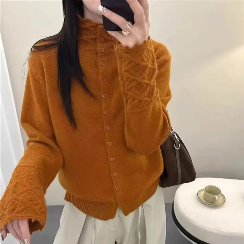 Korean-Style Youthful Hollow-Out Lace High-Neck Knit Cardigan, New Autumn and Winter Soft and Comfortable Slim-Fit Loose Versatile Top