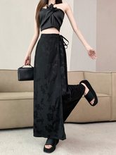 一片式系带新中式半身裙女夏季中国风提花黑色半裙高腰a字包臀裙