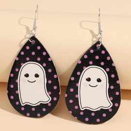 独立站新品爆款万圣节卡通幽灵皮革耳环水滴形印刷波点PU吊坠批发