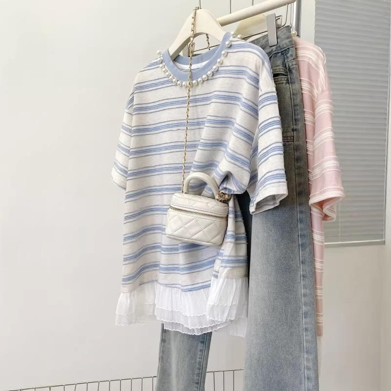 Plus-Size Women's Lace Striped Beaded Short-Sleeve T-Shirt, Summer New Style, Loose Fit, Slimming Half-Sleeve Top, Trendy Plus-Size Women's Lace Striped Beaded Short-Sleeve T-Shirt, Summer New Style, Loose Fit, Slimming Half-Sleeve Top, Trendy