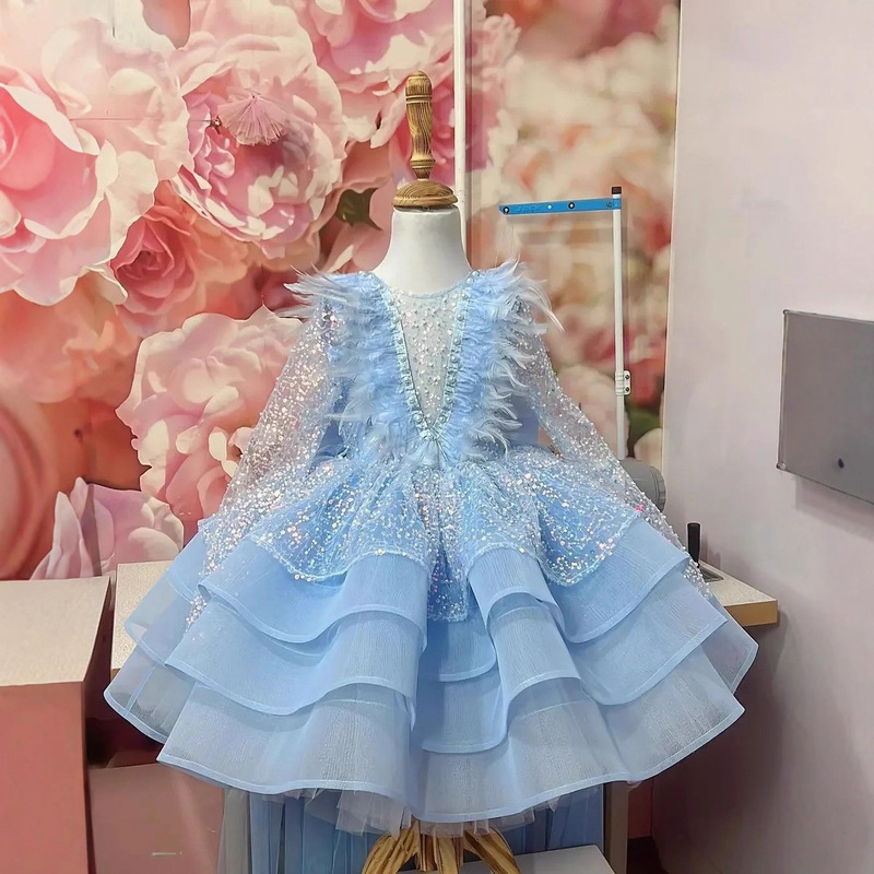 Blue Flower Girl Dresses for Wedding Sparkly Sequin Tulle with Bow Fluffy Birthday Party First Communion Dance