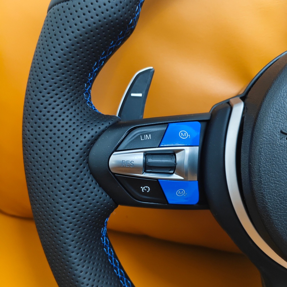 Custom blue buttons with return-to-center stitching are suitable for steering wheel modification in all BMW series 12345678