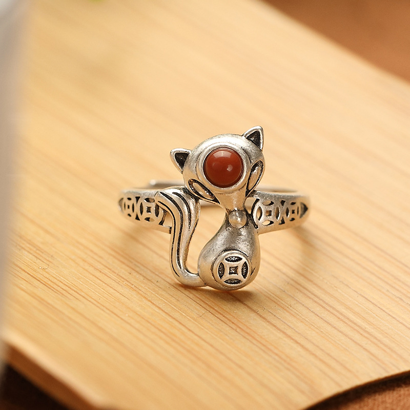 Nhẫn bạc S925 hình nai nhỏ đính đá mã não đỏ phong cách cá tính — Kiểu jasper